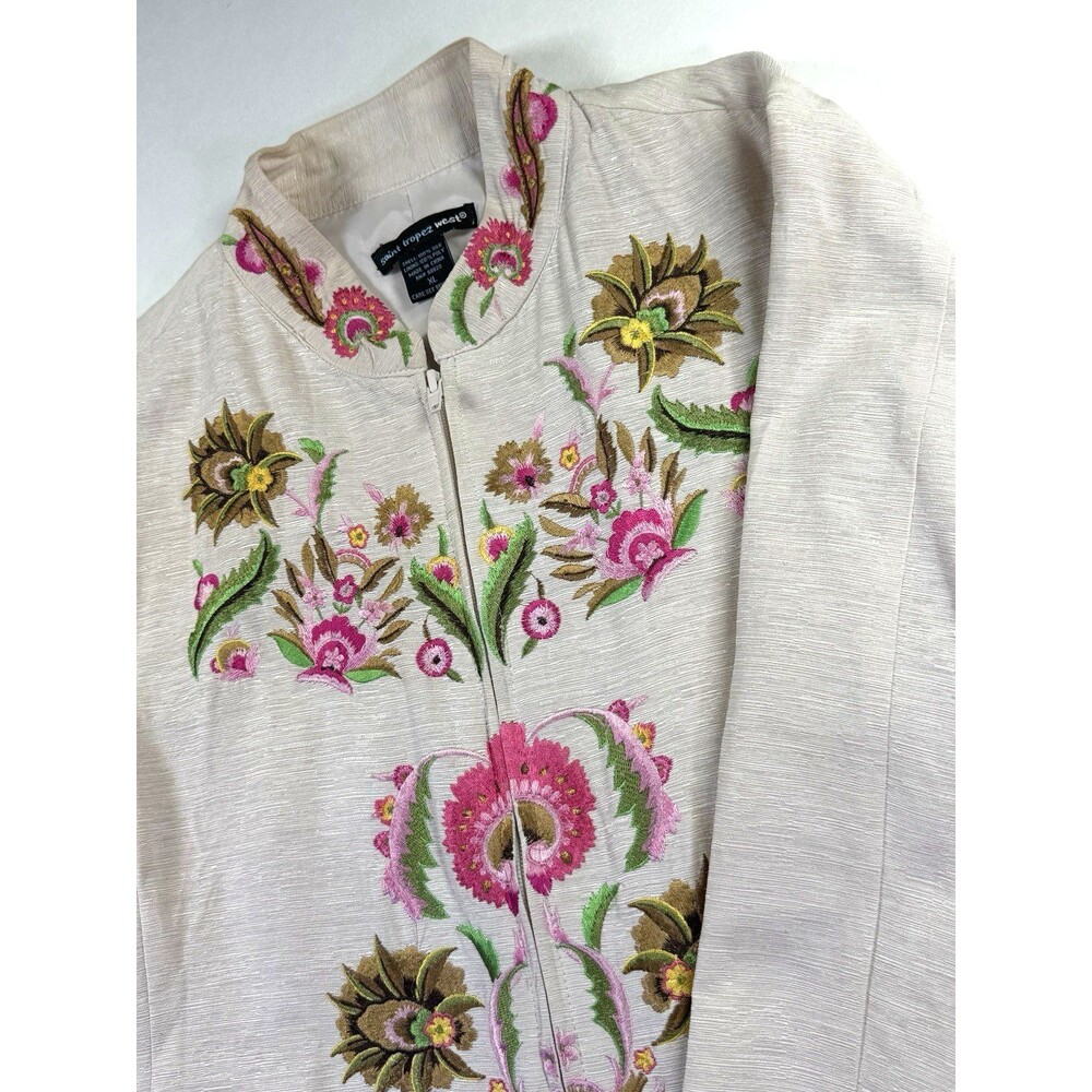 Saint Tropez West XL Silk Floral Embroidered Zip Jacket Ivory Pink